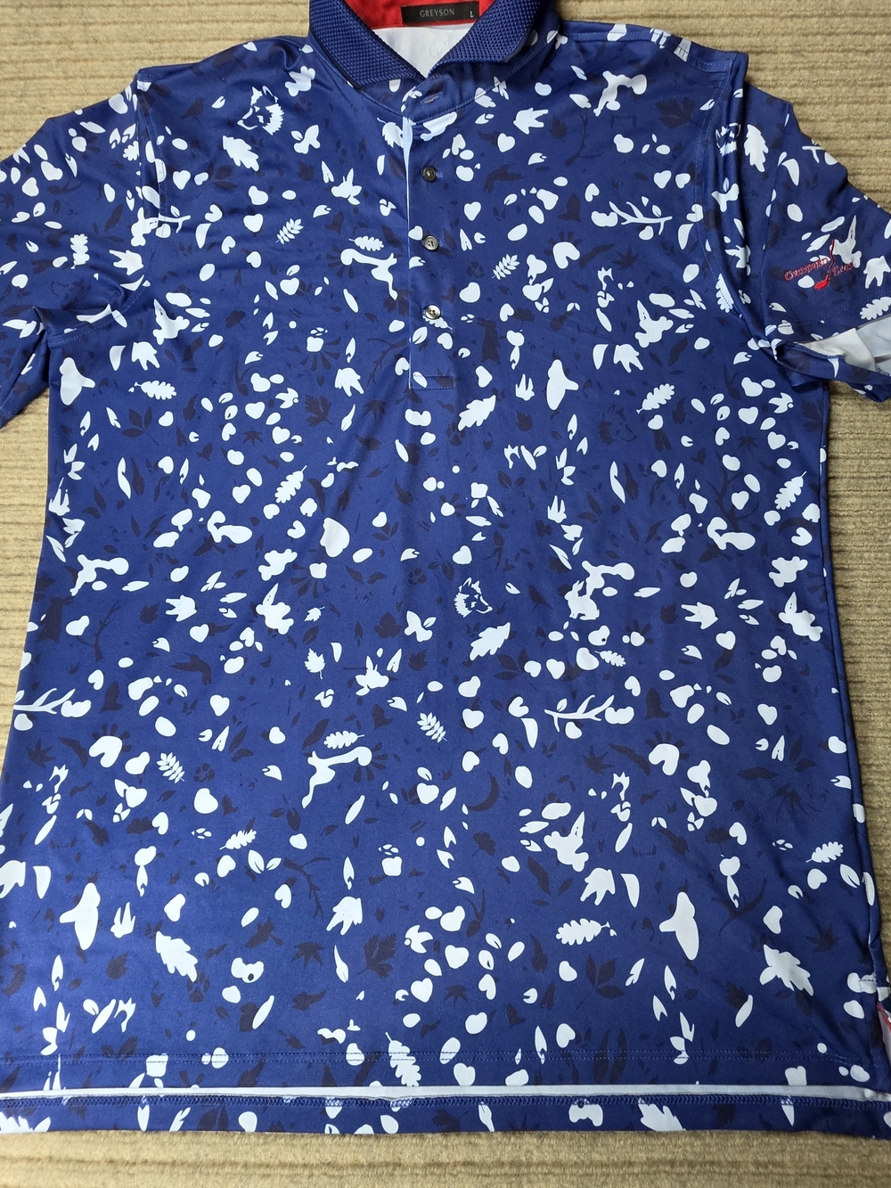 Greyson Golf Polo Wolf Forest Print Mens Large Blue *logo On Sleeve EUC